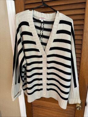 Andree Cream and Black Striped oversized Button-Front Cardigan